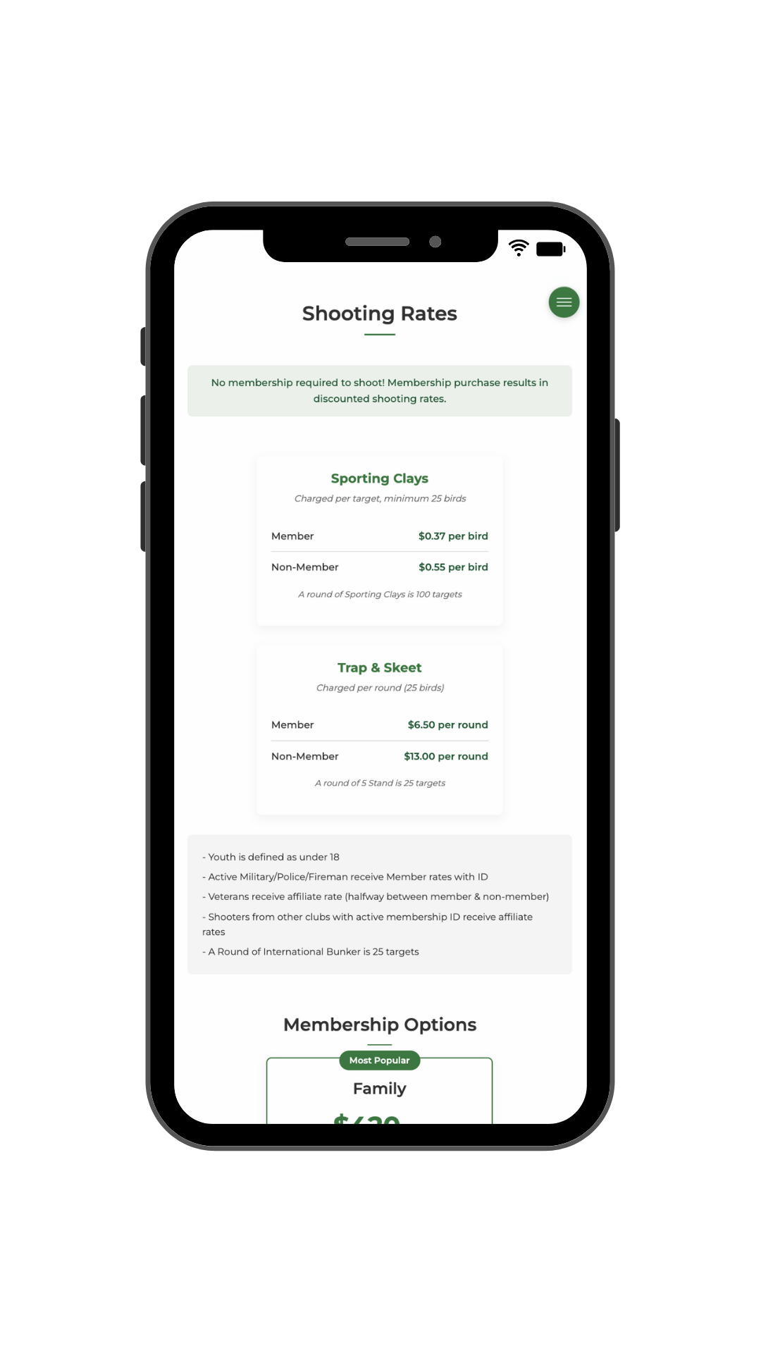 Gun Club Website Mobile View