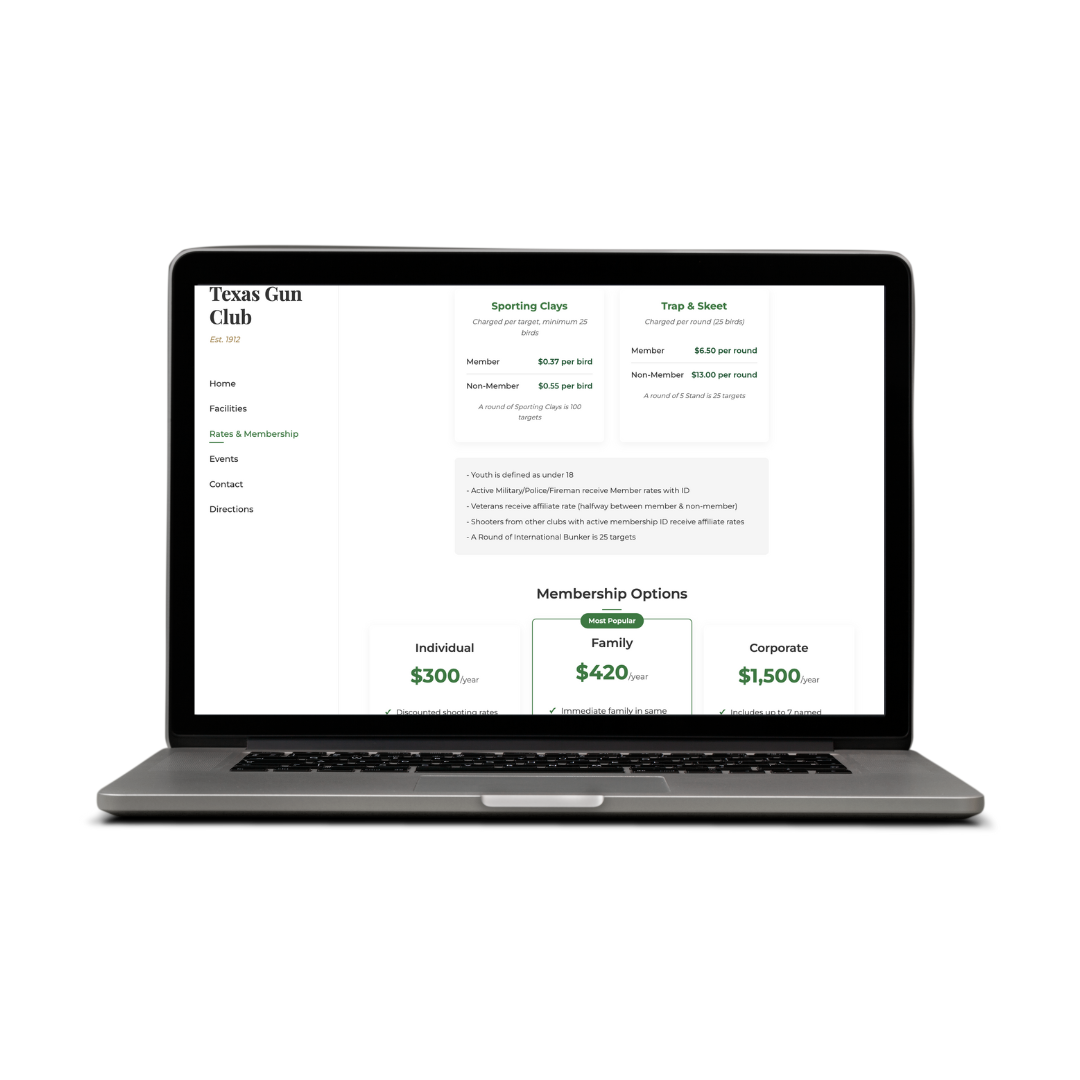 Gun Club Website Desktop View